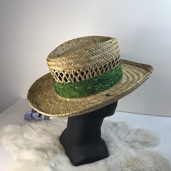 Vintage DPC Straw Woven Homburg Hat with Green Tropical Print Hat Band Unisex - Picture 4 of 8